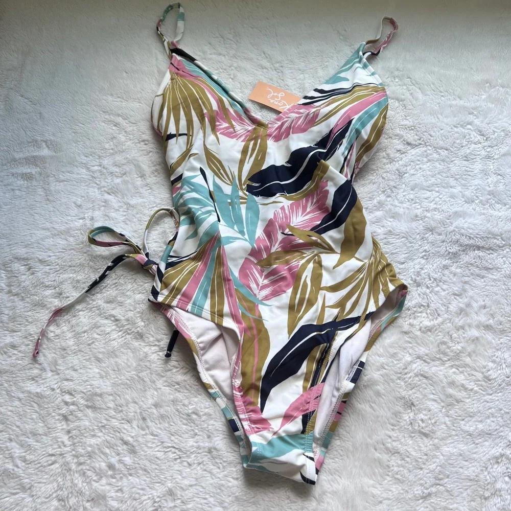 Kona Sol Womens Tropical Palm Leaf Lace Up One Piece Swimsuit Multi Color M 8-10
